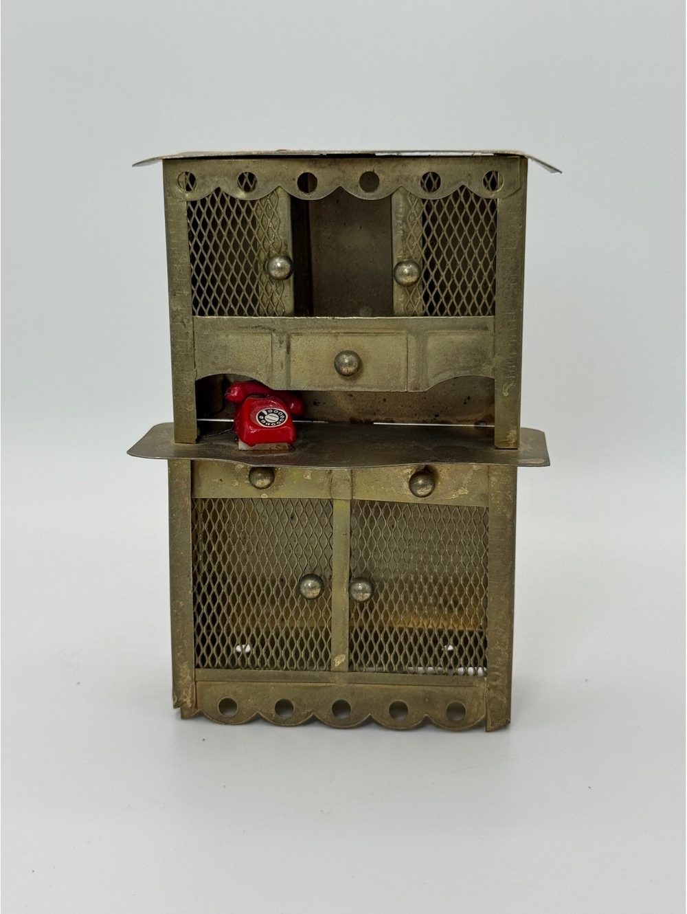 1:12 Scale Vintage Metal Dollhouse Kitchen Hutch Cabinet with Telephone